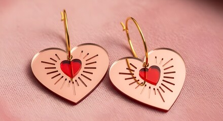 Elegant rose gold heart shaped mirror earrings with red acrylic center detail