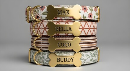 Stack of stylish patterned dog collars with engraved gold bone shaped name tags