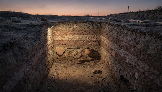 Twilight scene in an archaeological trench with soft light highlighting detailed soil stratigraphy and faintly visible artifacts in sharp focus.