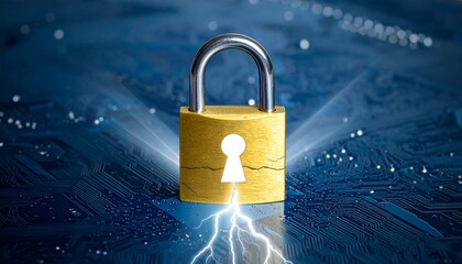 Golden padlock with glowing white keyhole and radiating cracks, set against dark blue circuit board background.