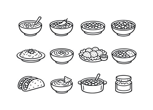 Bean Dishes Icons. Bean Dishes. Line icon set of Bean Dishes: bean soup, bean chili, baked beans, bean salad, refried beans, hummus bowl, falafel mix, bean