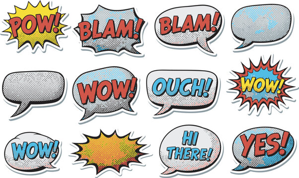 Comic speech bubbles with pow blam wow and more