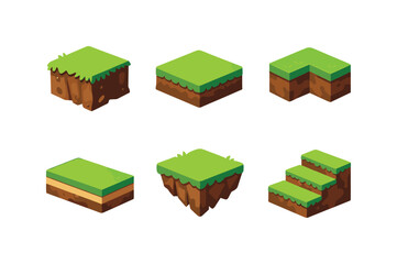 Isometric Terrain Icons. Natural terrain. Isometric flat vector icons set of Natural terrain: grassy cliff edge, elevated grass platform, terrain corner block,