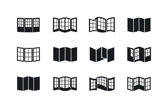 Shoji Screen Icons. Folding screen. Icon set. Set Logo of folding screen: Japanese shoji screen. harmonious logo variations of the same emblematic concept,