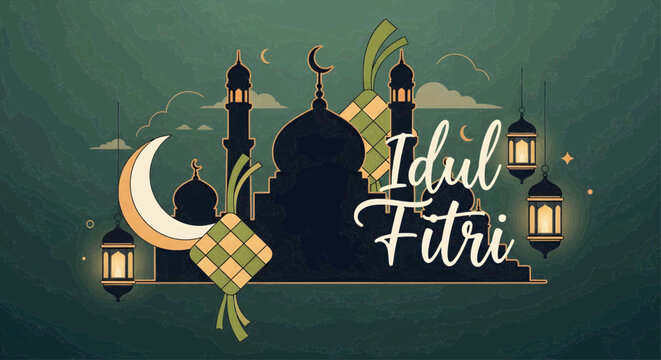 Idul Fitri Celebration Banner with Ketupat Ornament, Mosque Illustration and Green Festive Background. Selamat Hari Raya Idul fitri Translation : Eid ul Fitr