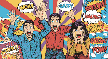 Obraz premium Comic book style illustration of three friends reacting in surprise and amazement