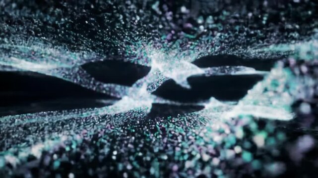 Luminous, ethereal digital data particles in soft white, light blue, lavender, aqua glow, streaming through a deep dark digital void with an infinite geometric grid. Concept of advanced technological