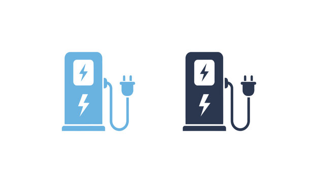 Electric vehicle charging station icons with lightning bolt symbol on screen and power cord plugged in