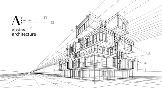 Modern modular building perspective vector with 3D wireframe structural lines and geometric residential architecture sketch.