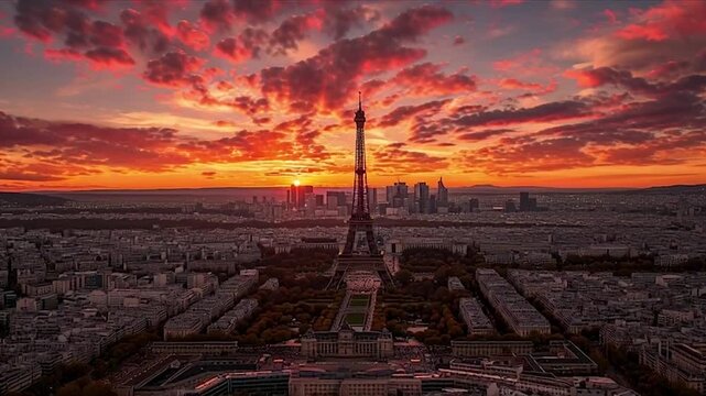 Eiffel Tower Sunset Panorama - Golden Hour Over Paris Cityscape.