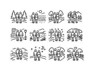 Obraz premium Couples in Nature Icons. Couples in Nature. Line icon set of Couples in Nature: forest walk couple, beach stroll, park path, couple hiking, city street walk,
