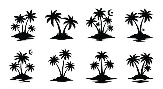 Silhouettes of palm trees on islands with moon and star