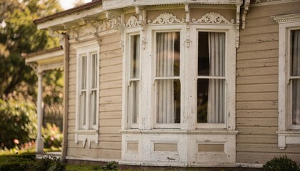 Medium shot of a restored historic house exterior facade showcasing intricate periodaccurate woodwork with the main architectural details in sharp focus and blurred background