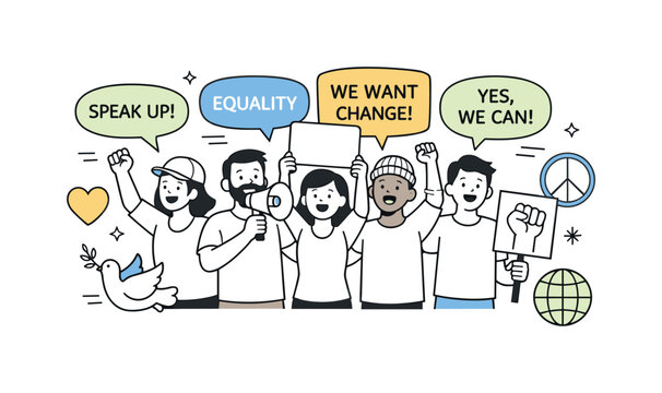 Peaceful Protest Art. Protest or rally voices. People chanting together with speech bubbles and symbolic icons, expression of opinions and calm solidarity.