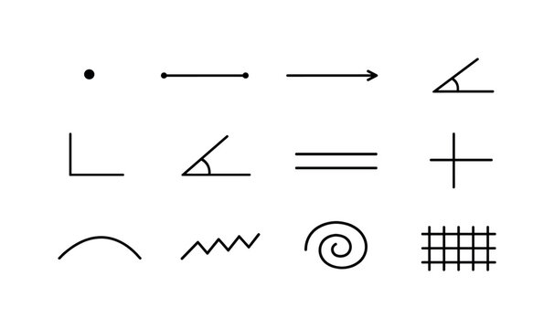 Geometric Icons Grid. Geometric Elements. Line icon set of Geometric Elements: point, line segment, ray, angle acute, angle right, angle obtuse, parallel