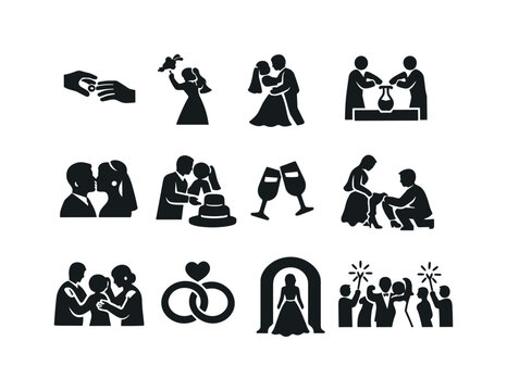 Black Icon Wedding Traditions. Wedding traditions. Solid icon set of wedding traditions: ring exchange, bouquet toss, first dance, unity ceremony, wedding