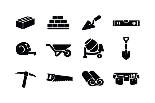 Construction Gear Icons. Sapper. Solid icon set of construction gear: concrete block, brick stack, trowel, level tool, measuring tape, wheelbarrow, cement