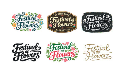 Obraz premium Festival Lettering Variations. Festival of Flowers. Set lettering. harmonious lettering variations of the same emblematic concept, each with different artistic