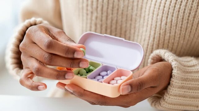close up video of woman taking a tablet from weekly pill organizer, swallowing medicine, then closing the box as part of daily health routine