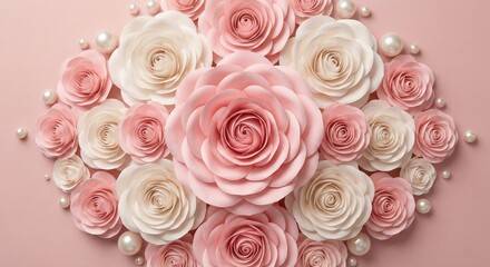 Obraz premium Elegant Pink and Ivory Paper Rose Flower Background with Pearls, Luxury 3D Floral Composition for Wedding, Valentine, Beauty Branding and Decorative Wall Art