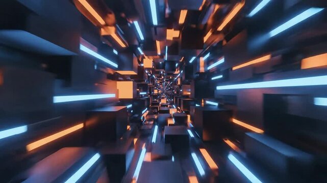 Blue and orange digital tunnel with rectangular lights futuristic