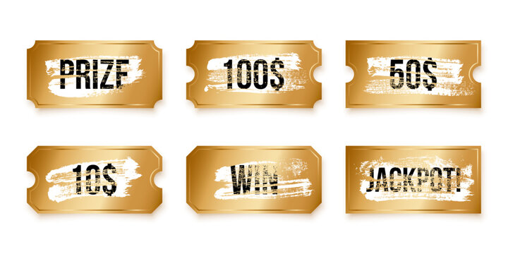 Golden scratch-off tickets with text revealing prizes. Winner scratching cards. Lottery coupons with winnings: jackpot, cash amounts and prize. Realistic vector illustrations set