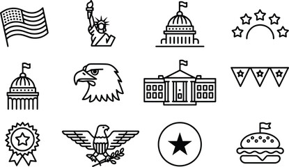 Fototapeta premium USA National Symbols, Flag, Capitol, Eagle, House, Government, Red, White, Blue. Vector Icon Set