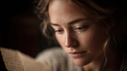 Close-up portrait of a young woman's face. she appears to be deep in thought, with her eyes closed and her head tilted slightly to the side.