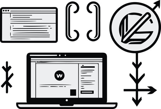  web development objects, browser window, code brackets, responsive device screen, bug fix tool, upload arrow, bold black thick outline line art 2