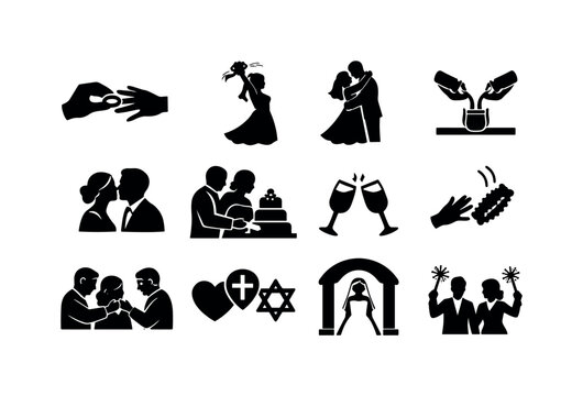 Black Icon Wedding Traditions. Wedding traditions. Solid icon set of wedding traditions: ring exchange, bouquet toss, first dance, unity ceremony, wedding