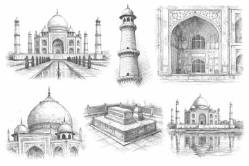 Obraz premium Taj Mahal, Mughal Monuments and Islamic Architecture Hand-Drawn Engraving Illustration Set