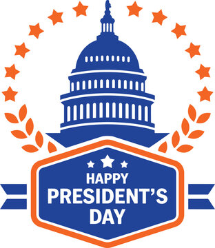 Presidents Day Logo, US Capitol, Orange and Blue, Patriotic Design, Stars, Laurel Wreath, Government, National Holiday. Vector Illustration