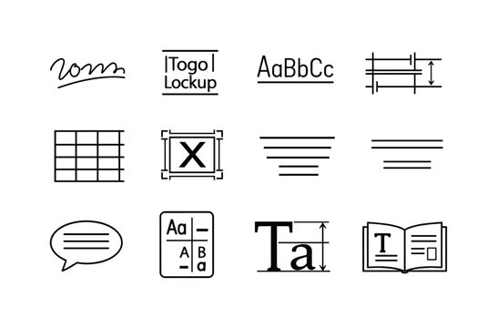 Brand Typography Icons. Brand typography. Line icon set of brand typography: logo type, type lockup, brand font sample, spacing rules, text grid, clear space