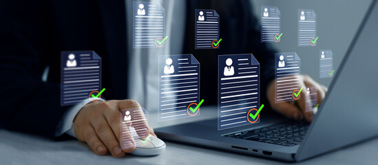 Employee approval process management.Digital documents with check marks verified staff records and online HR management.	