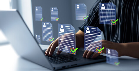 Employee approval process management.Digital documents with check marks verified staff records and online HR management.	
