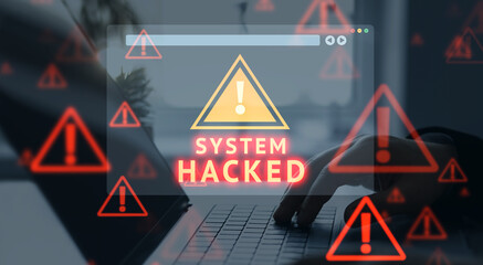 System warning alert signals critical security issue. Scene reflects strong cybersecurity protection.Suspicious activity shows possible breach. Monitoring tools detect threats in real time.	
