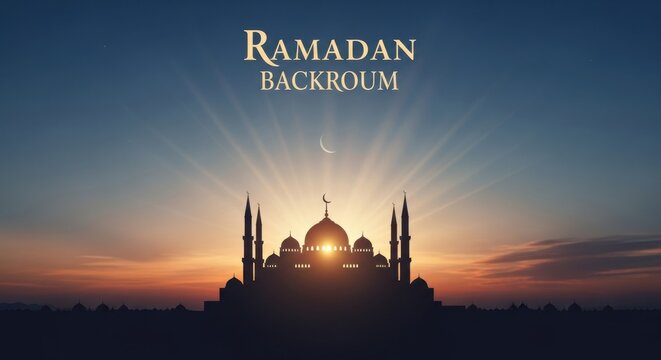 Dramatic ramadan backroom view showcasing majestic mosque silhouette against vibrant sunset sky with crescent moon and radiating light representing spiritual serenity and festive atmosphere