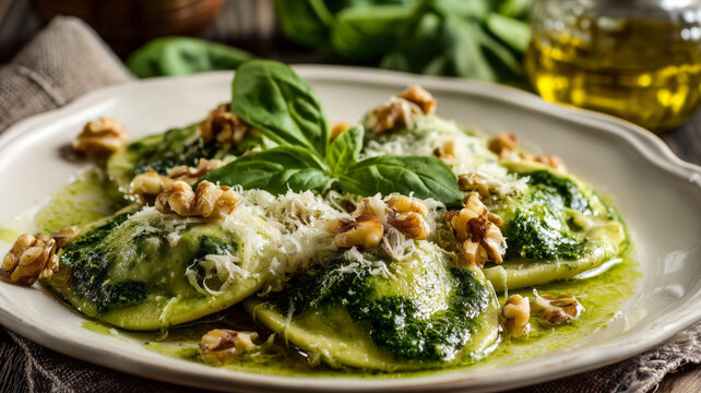Green ravioli with ricotta cheese, spinach and nuts