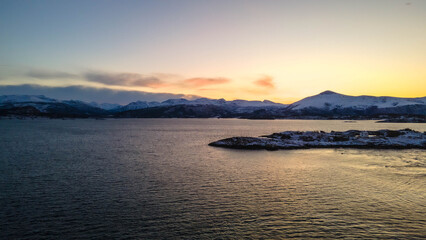 Obraz premium Atlantic Ocean Road in Norway winter landscape. The Atlantic Ocean Road with Storseisundet Bridge in winter (Nordmore, Norway).