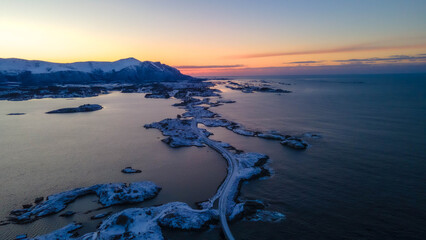 Atlantic Ocean Road in Norway winter landscape. The Atlantic Ocean Road with Storseisundet Bridge in winter (Nordmore, Norway). © Mylifeontopdm