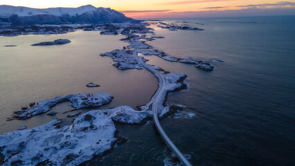 Atlantic Ocean Road in Norway winter landscape. The Atlantic Ocean Road with Storseisundet Bridge in winter (Nordmore, Norway). © Mylifeontopdm