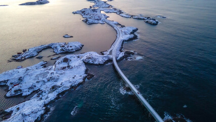 Atlantic Ocean Road in Norway winter landscape. The Atlantic Ocean Road with Storseisundet Bridge in winter (Nordmore, Norway). © Mylifeontopdm