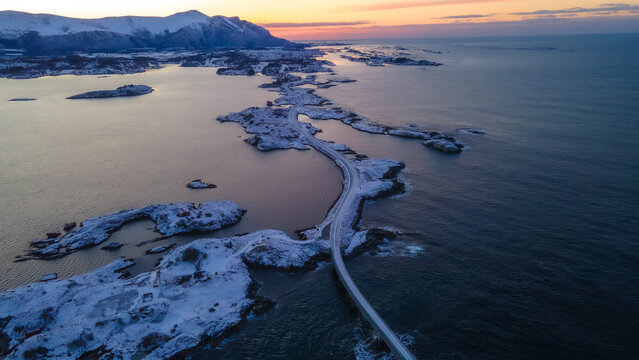 Atlantic Ocean Road in Norway winter landscape. The Atlantic Ocean Road with Storseisundet Bridge in winter (Nordmore, Norway).