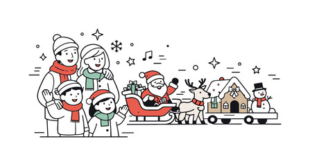 Fototapeta premium Family Christmas Parade. Family watching Christmas parade. Parents and children standing together and smiling as festive floats pass by, warm holiday mood and