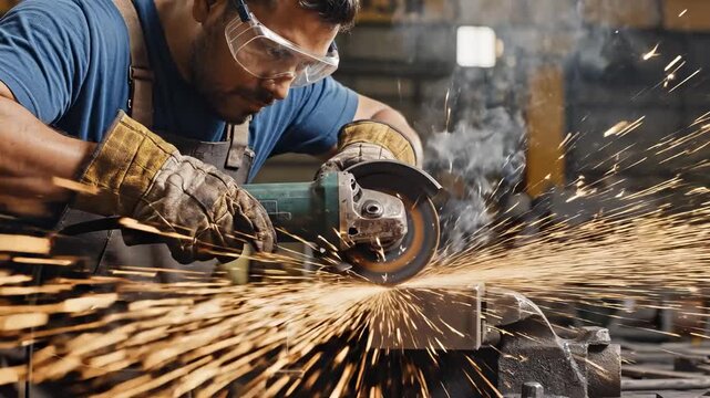 A man in safety glasses works diligently with a grinder, creating sparks as he cuts metal. The workshop is filled with smoke and the sound of machinery, emphasizing the man's focus.