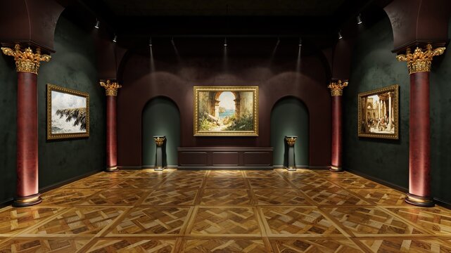3d interior of old museum art gallery. Artworks in a bright, spacious gallery. 3d illustration.