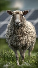 Obraz premium portrait of a sheep in green grass with blurred solar panels in the background