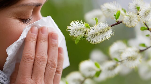Young woman sneezing in a paper tissue outdoors due to seasonal spring pollen allergy