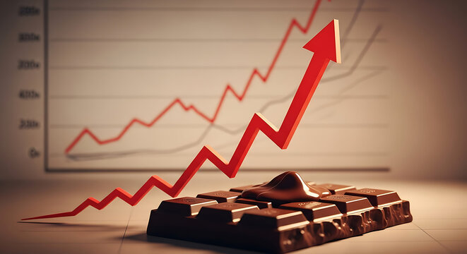 Graph showing upward trend with red arrow rising above chocolate bars on a table