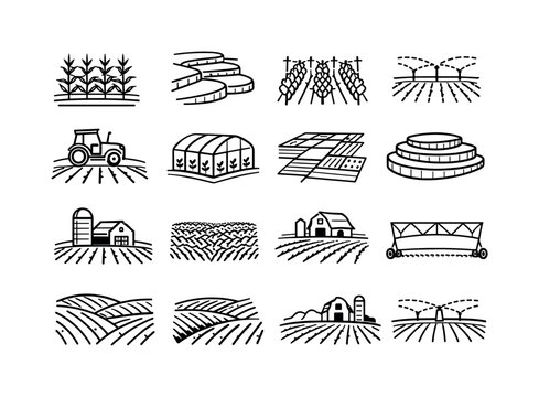 Agricultural Icon Grid. Agricultural Fields. Line icon set of Agricultural Fields: cornfield lines, rice paddy layout, vineyard rows, field irrigation, tractor